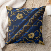 ヴィンテージ刺しゅうルックブルー金ゴールド花 クッション (ブランケット)