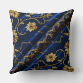 ヴィンテージ刺しゅうルックブルー金ゴールド花 クッション (裏面)
