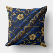 ヴィンテージ刺しゅうルックブルー金ゴールド花 クッション (正面)