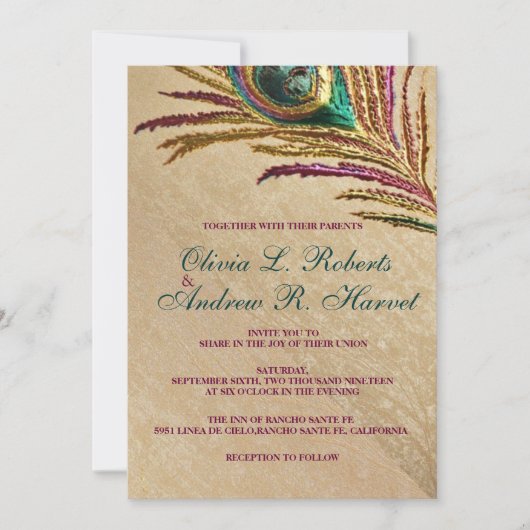 ヴィンテージ刺しゅう孔雀の羽の結婚式の招待 招待状 (正面)