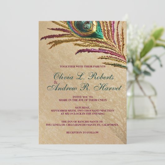 ヴィンテージ刺しゅう孔雀の羽の結婚式の招待 招待状 (スタンド正面)
