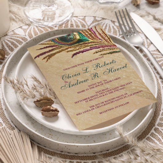 ヴィンテージ刺しゅう孔雀の羽の結婚式の招待 招待状