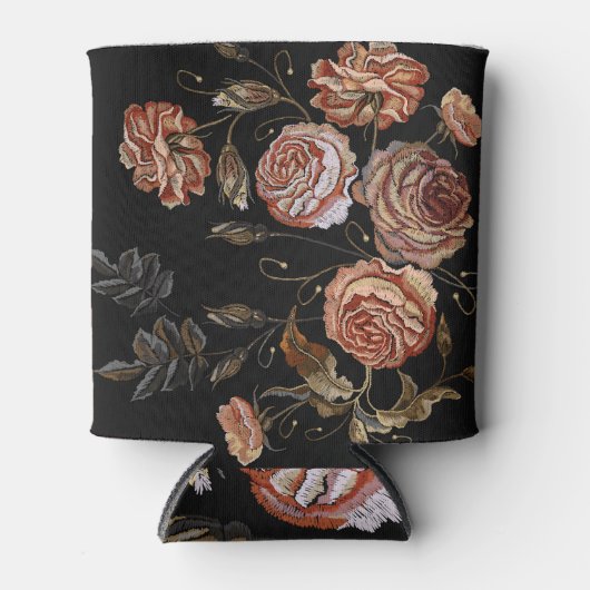 ヴィンテージ刺繍:黒のバラ。 缶クーラー (正面)