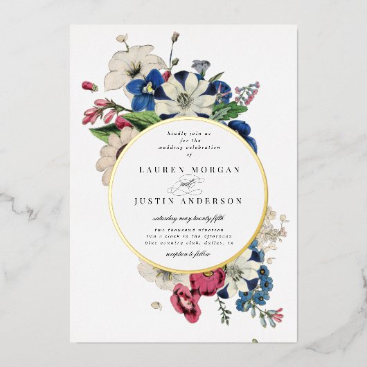 ヴィンテージ劇的フローラスクエア結婚式招待状 箔招待状 (正面)