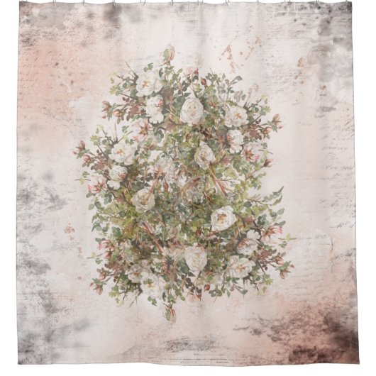 ヴィンテージ動揺してで白いBohoは上がりました シャワーカーテン (正面)