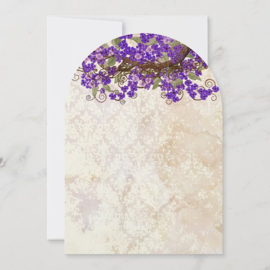 ヴィンテージ動揺してダマスクレース紫の花 招待状 (裏面)