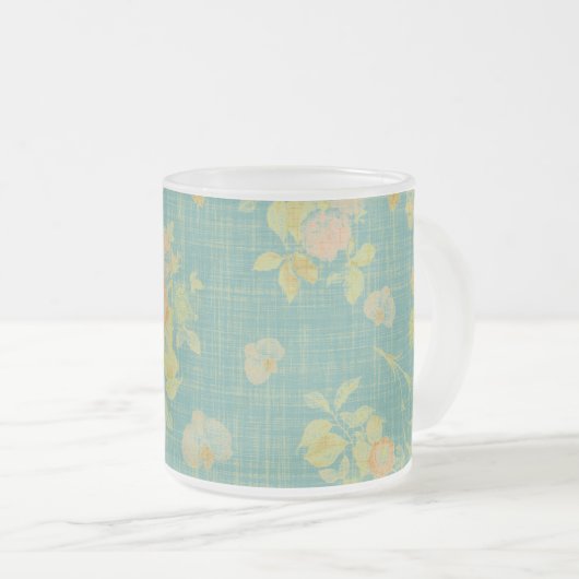 ヴィンテージ動揺して春フローラティール（緑がかった色）パターン フロストグラスマグカップ (正面右)