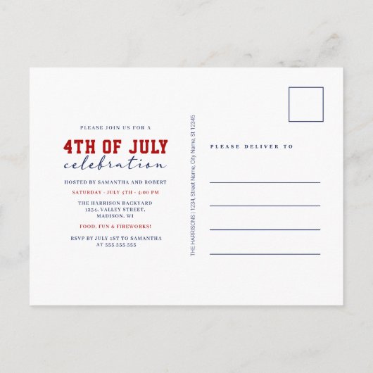 ヴィンテージ動揺して米国国旗の7月4日パーティー インビテーションポストカード (裏面)