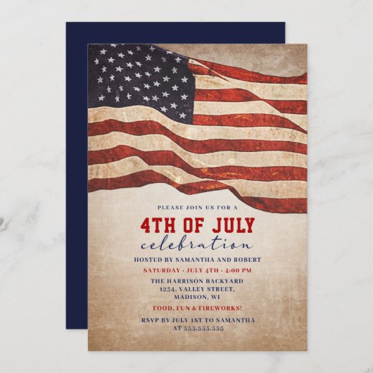 ヴィンテージ動揺して米国国旗の7月4日パーティー 招待状 (正面/裏面)