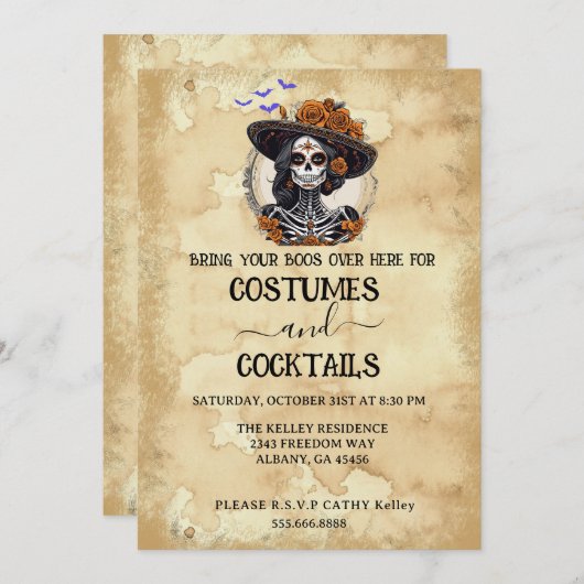 ヴィンテージ動揺して骨格ハローウィンパーティ 招待状 (正面/裏面)