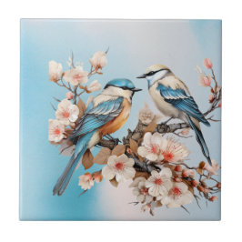 ヴィンテージ動植物アートライトブルー タイル