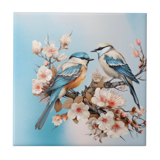 ヴィンテージ動植物アートライトブルー タイル (正面)