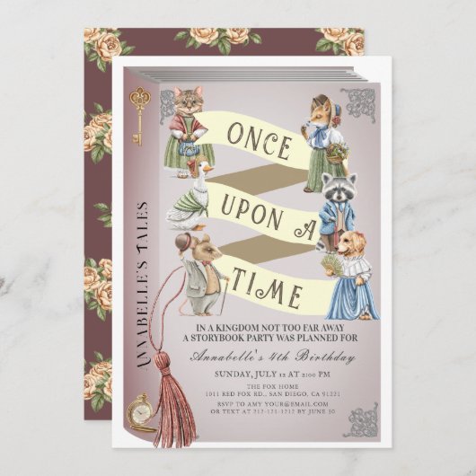 ヴィンテージ動物ストーリーブックガール誕生日 招待状 (正面/裏面)