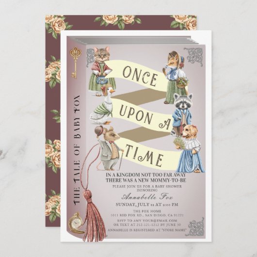 ヴィンテージ動物ストーリーブックベビーシャワー 招待状 (正面/裏面)