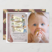 ヴィンテージ動物ストーリーブック写真1st誕生日 招待状 (正面/裏面)