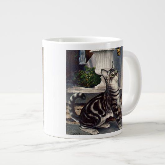 ヴィンテージ動物，かわいいタビーキャットスナッドバタフライ ジャンボコーヒーマグカップ (正面右)