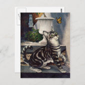 ヴィンテージ動物，かわいいタビーキャットスナッドバタフライ ポストカード (正面/裏面)