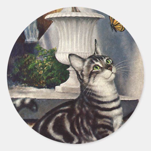 ヴィンテージ動物，かわいいタビーキャットスナッドバタフライ ラウンドシール (正面)