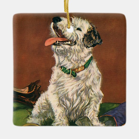 ヴィンテージ動物、かわいいテリア子犬チューインシューズ セラミックオーナメント (正面)