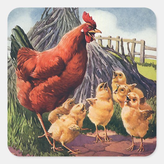 ヴィンテージ動物、鶏とベビーチックス農場 スクエアシール (正面)