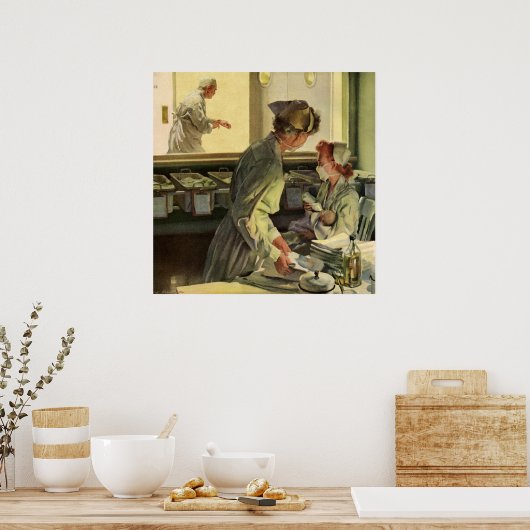 ヴィンテージ医学、ナースと生まれたばかりのベビー乳児 ポスター (キッチン)