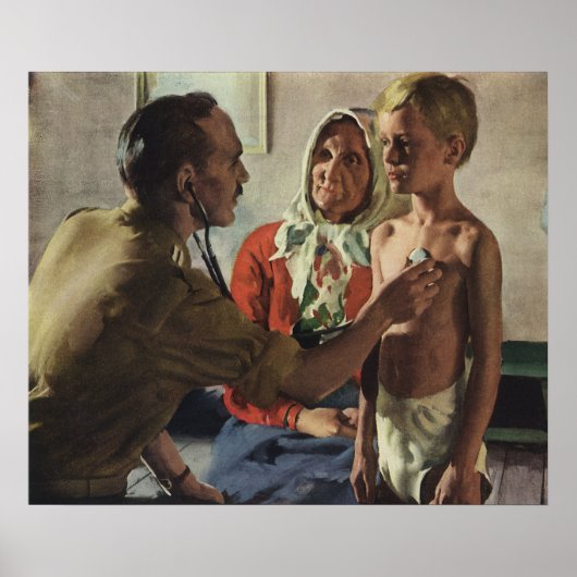 ヴィンテージ医学、男の子と母親と医師 ポスター (正面)