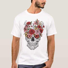 ヴィンテージ医療解剖学スケッチの花とドクロ  Tシャツ