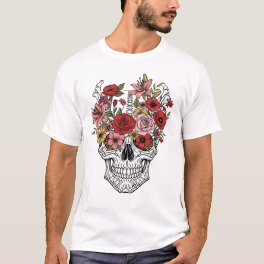 ヴィンテージ医療解剖学スケッチの花とドクロ  Tシャツ (正面)