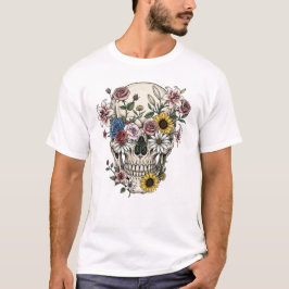 ヴィンテージ医療解剖学スケッチの花とドクロ Tシャツ
