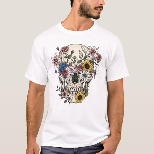 ヴィンテージ医療解剖学スケッチの花とドクロ Tシャツ (正面)