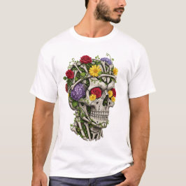 ヴィンテージ医療解剖学スケッチの花とドクロ  Tシャツ