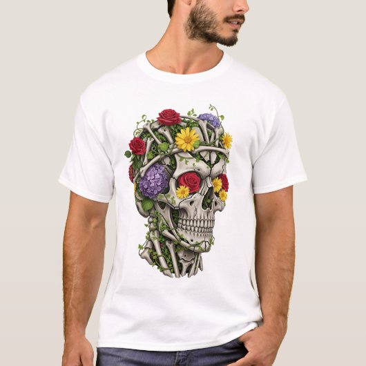 ヴィンテージ医療解剖学スケッチの花とドクロ  Tシャツ (正面)