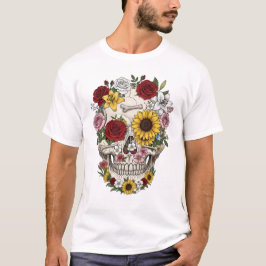 ヴィンテージ医療解剖学スケッチ風スカルフラワーデザイン Tシャツ