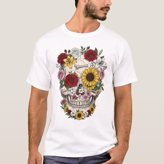 ヴィンテージ医療解剖学スケッチ風スカルフラワーデザイン Tシャツ (正面)