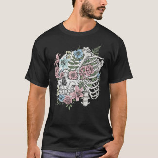 ヴィンテージ医療解剖学スケッチ風スカルフラワーデザイン Tシャツ