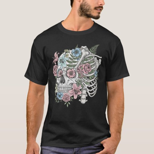 ヴィンテージ医療解剖学スケッチ風スカルフラワーデザイン Tシャツ (正面)