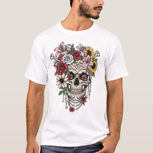 ヴィンテージ医療解剖学スケッチ風スカルフラワーデザイン Tシャツ (正面)