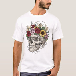 ヴィンテージ医療解剖学スケッチ風スカルフラワーデザイン Tシャツ