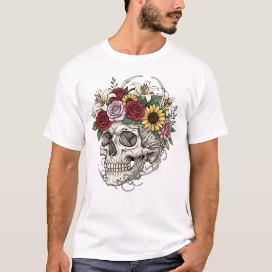 ヴィンテージ医療解剖学スケッチ風スカルフラワーデザイン Tシャツ (正面)