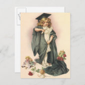 ヴィンテージ卒業、キャップとガウンを着た少女 インビテーションポストカード (正面/裏面)