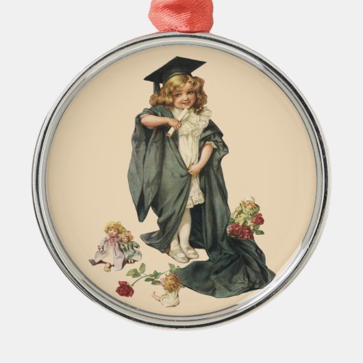 ヴィンテージ卒業、キャップとガウンを着た少女 メタルオーナメント (正面)