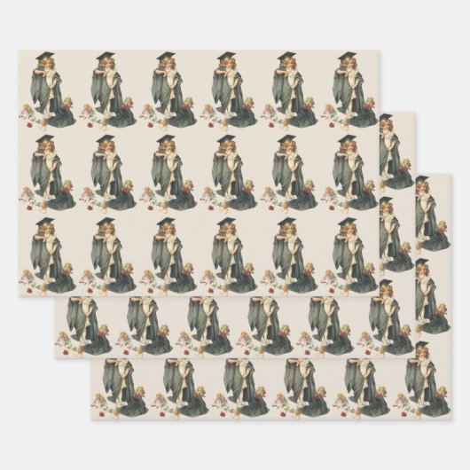 ヴィンテージ卒業、キャップとガウンを着た少女 ラッピングペーパーシート (セット)