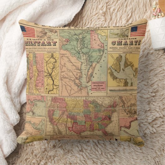 ヴィンテージ南北戦争軍隊戦略地図， 1861 クッション (ブランケット)