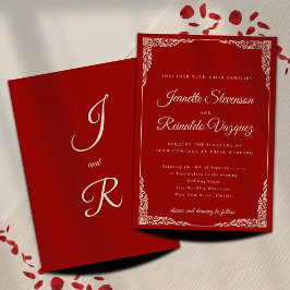 ヴィンテージ単色ルビーレッドボーンホワイト結婚ズ 招待状