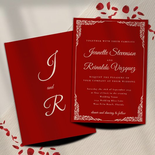 ヴィンテージ単色ルビーレッドボーンホワイト結婚ズ 招待状