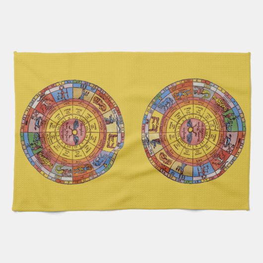 ヴィンテージ占星術、アンティーク天〔占星術の〕十二宮図輪 キッチンタオル (横)