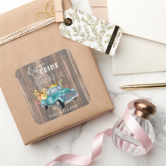 ヴィンテージ収穫トラック |感謝祭ステッカー スクエアシール (ギフト)