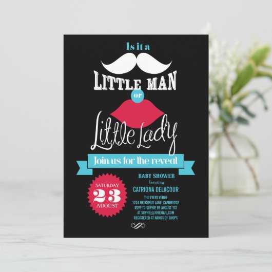 ヴィンテージ口ひげまたは唇のジェンダーが赤ちゃんのシャワーを明らかにする 招待状 (スタンド正面)