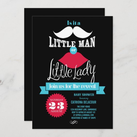 ヴィンテージ口ひげまたは唇のジェンダーが赤ちゃんのシャワーを明らかにする 招待状 (正面/裏面)