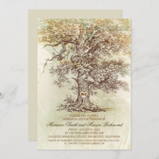 ヴィンテージ古いオークの木の素朴なリハーサル夕食 招待状 (正面/裏面)